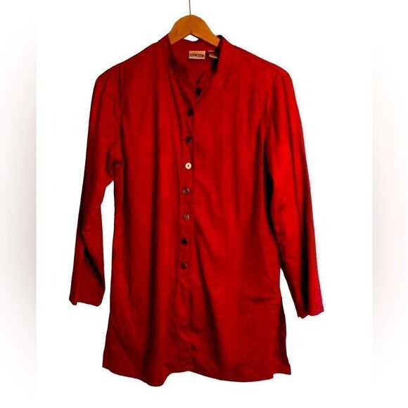 Chico’s Mandarin Style Tunic With Stand Up Collar Long Sleeves And Button Up. - Picture 1 of 5